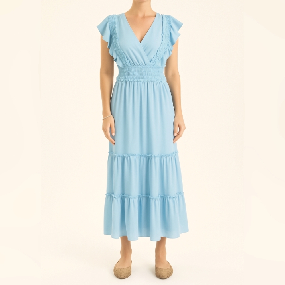 Max Studio Crepe Ruffle Maxi Dress New blue S